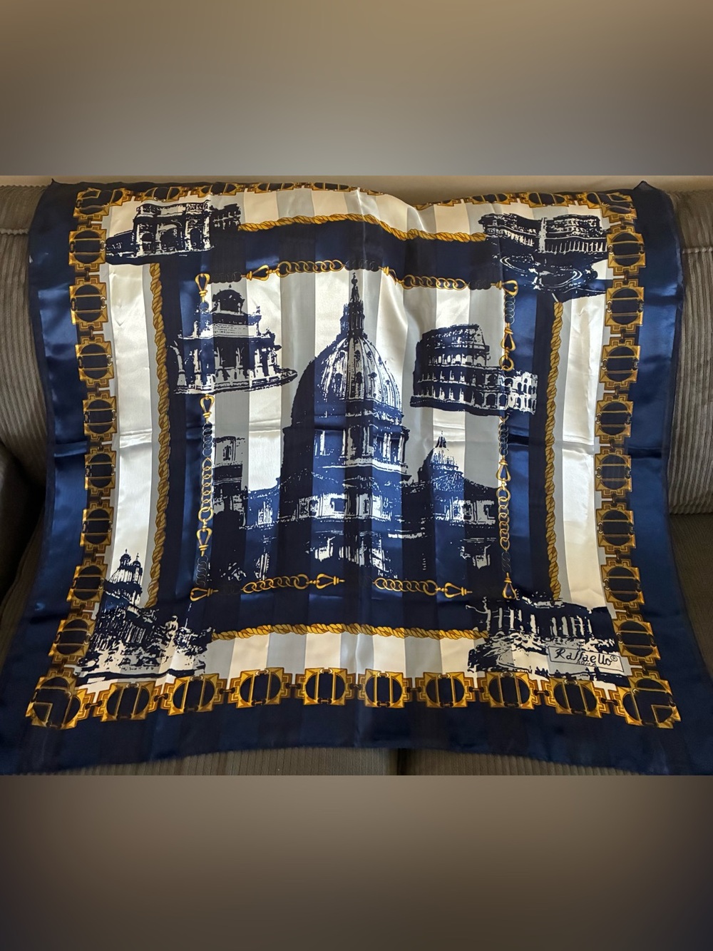 VTG Raffaello Polyester Rome Silk-Feel Navy & Cream Architectural Print Scarf